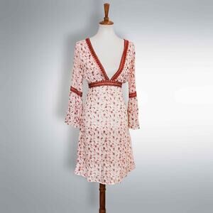 Vintage Ari Shamaris Y2K Boho Gauze Dress – Bell Sleeves, Red Floral Print